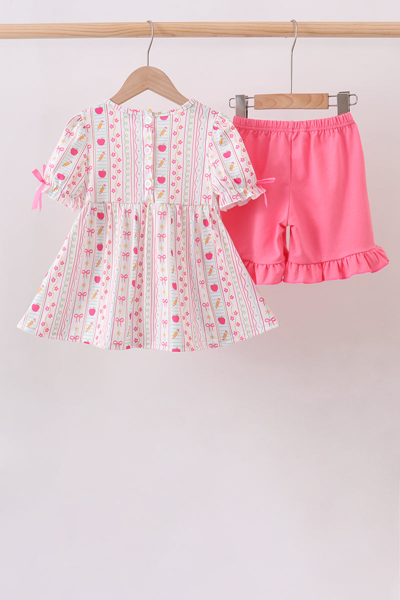 Pink Apple Smocked Ruffle Shorts Set