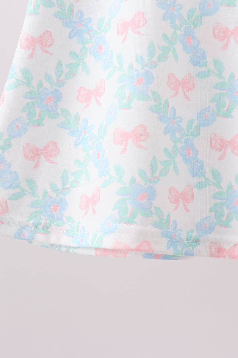 Pink Floral Bow Print Scalloped Shorts Set