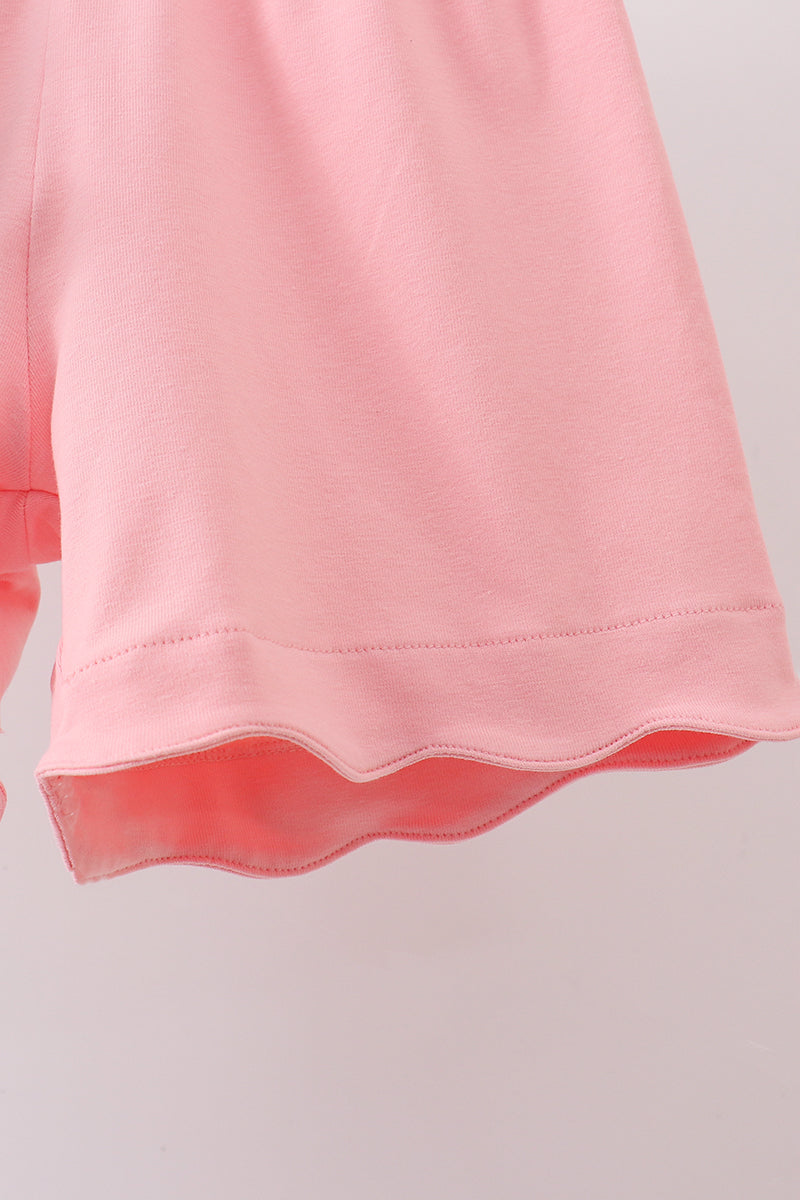 Pink Floral Bow Print Scalloped Shorts Set