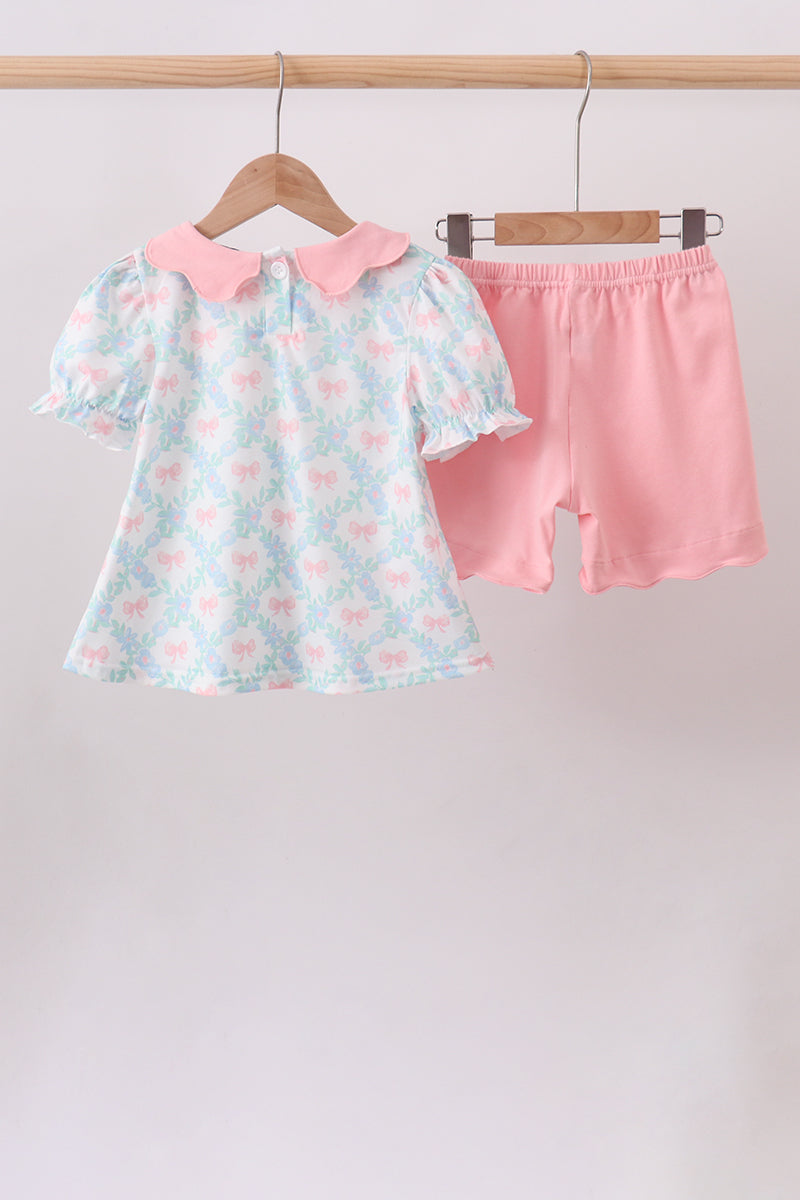 Pink Floral Bow Print Scalloped Shorts Set
