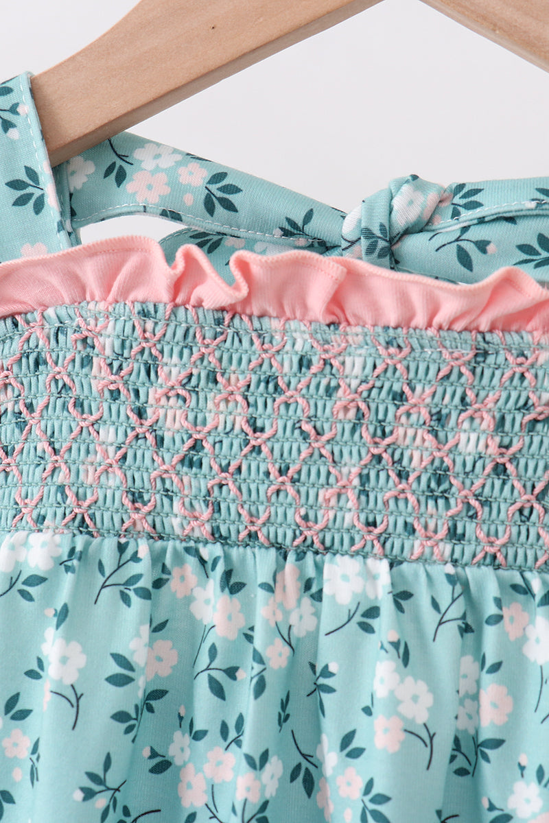 Green Floral Smocked Ruffle Bubble