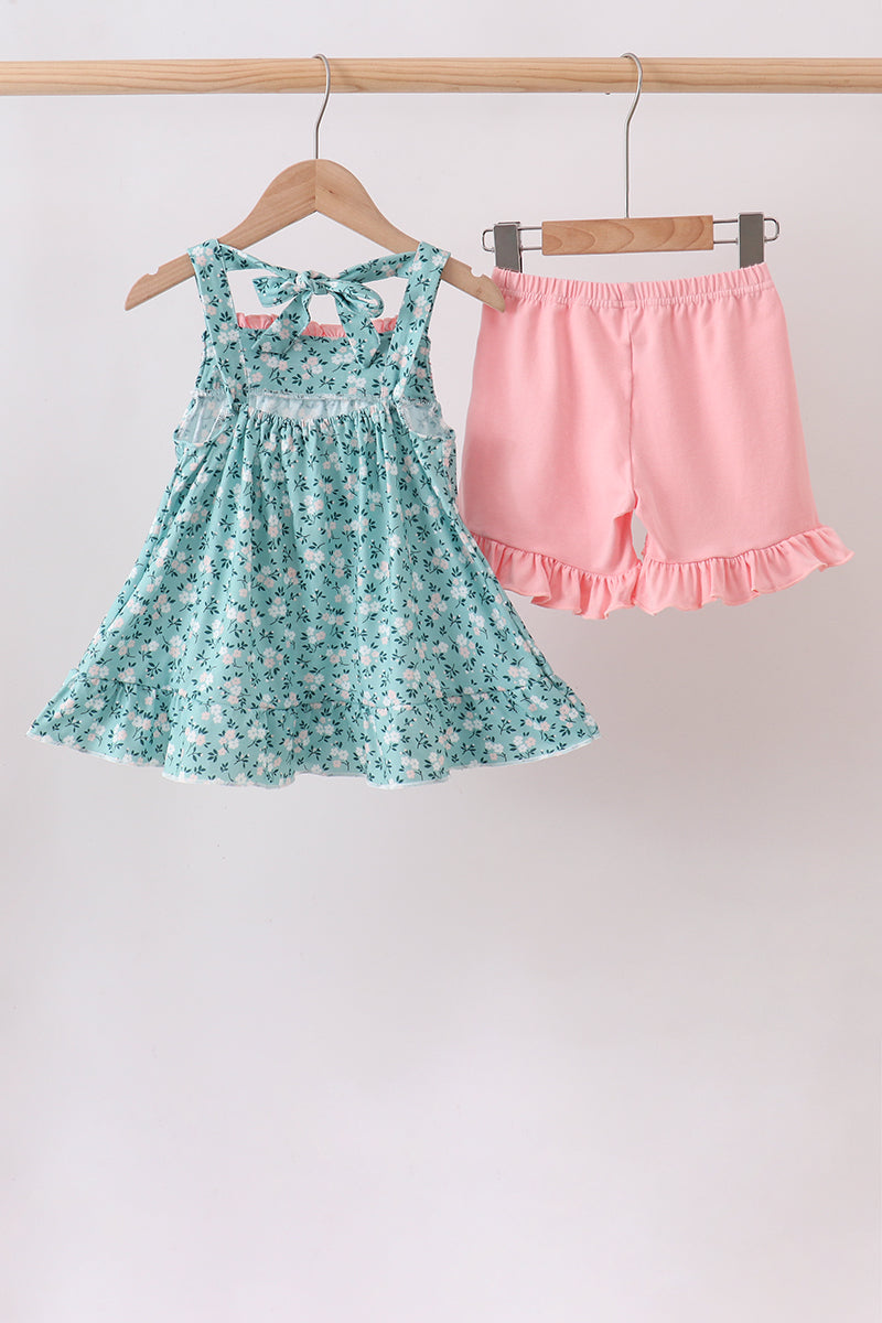 Green Floral Smocked Ruffle Shorts Set