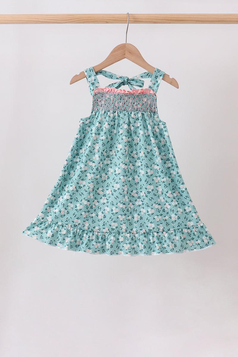 Green Floral Smocked Ruffle Dress