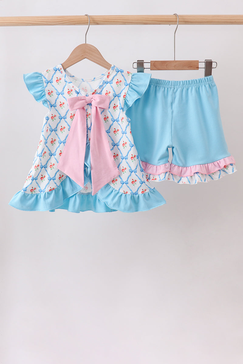 Blue Rose Ruffle Shorts Set