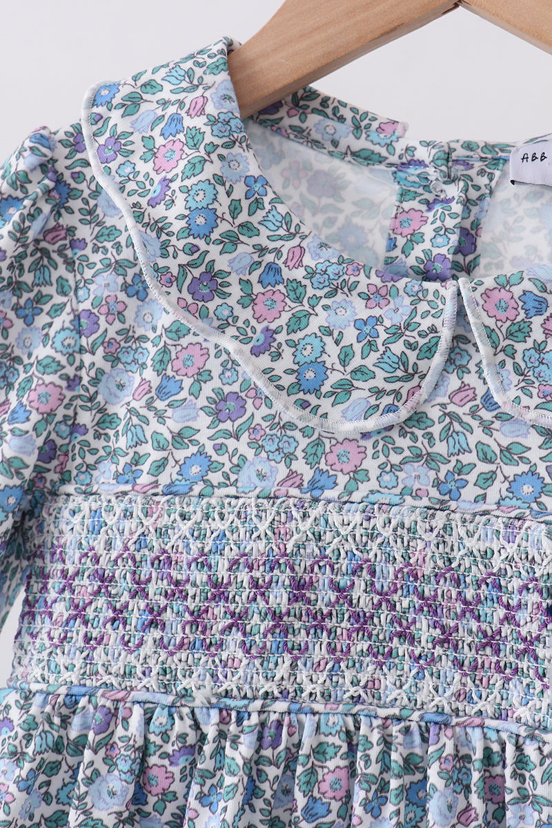 Blue Floral Smocked Dress