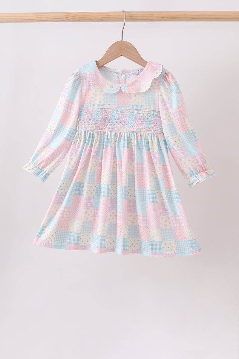Checkered Floral Smocked Dress