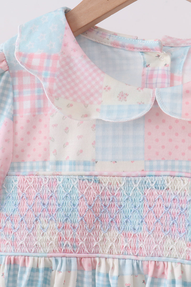 Checkered Floral Smocked Dress