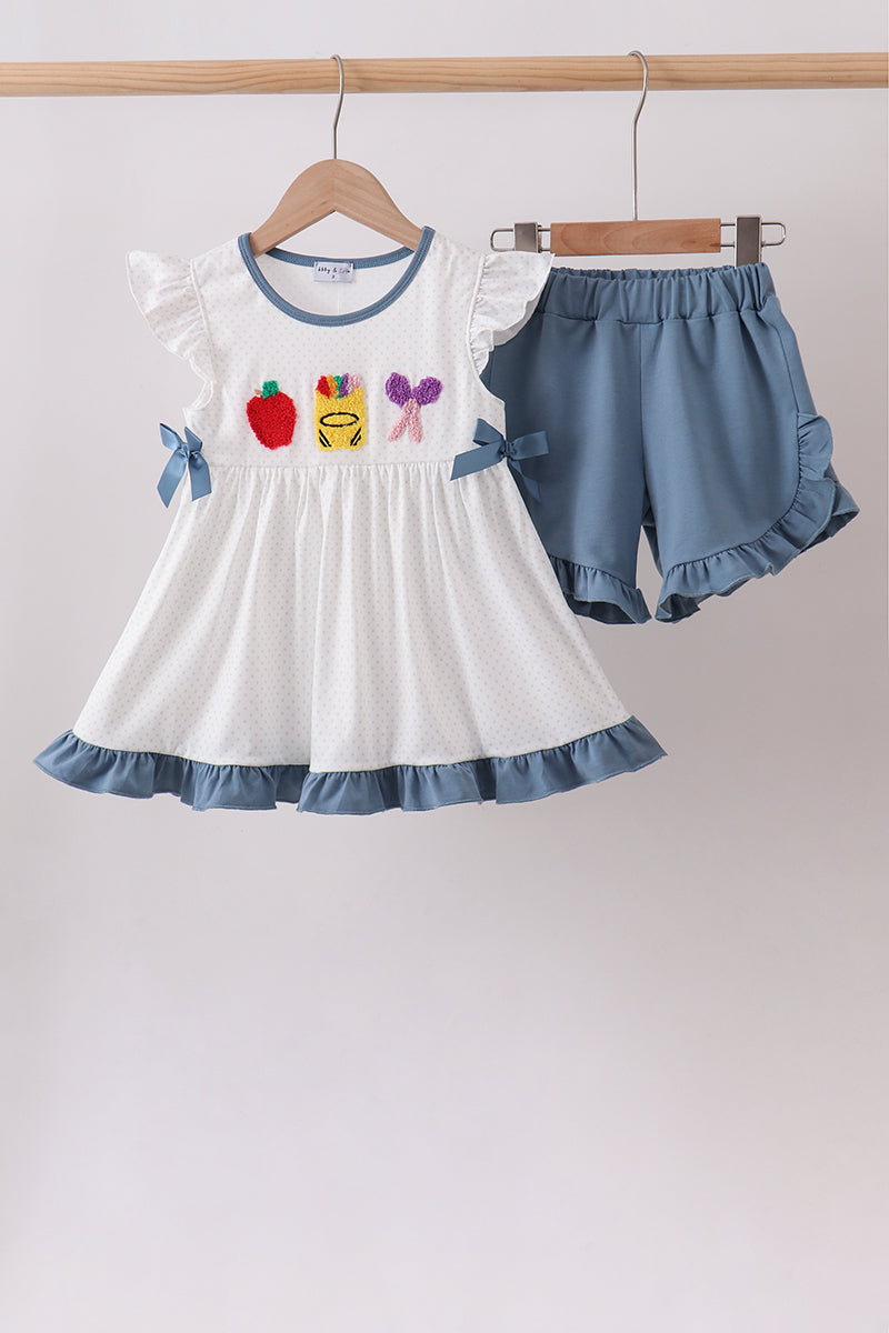 Blue Apple Crayon French Knot Ruffle Shorts Set
