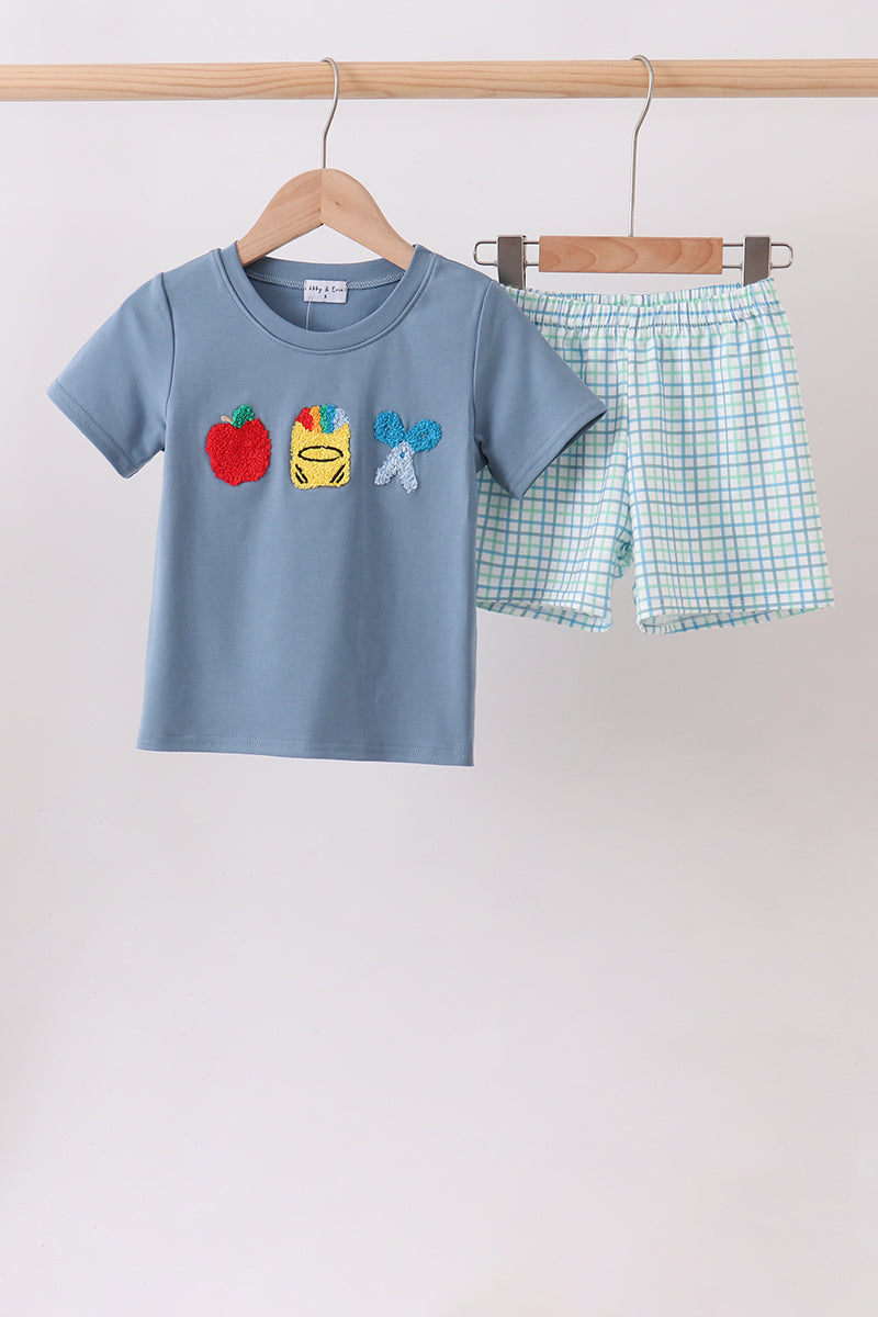 Blue Apple Crayon French Knot Plaid Shorts Set