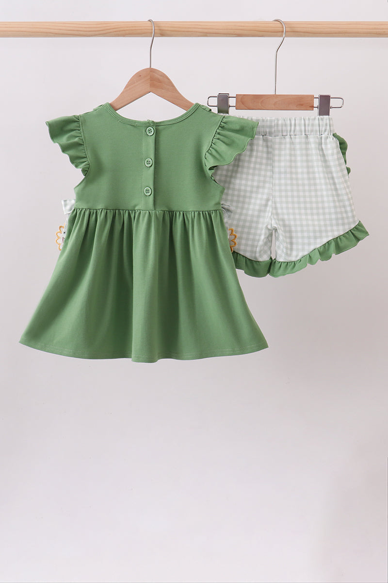 Green Sunflower Applique Ruffle Shorts Set