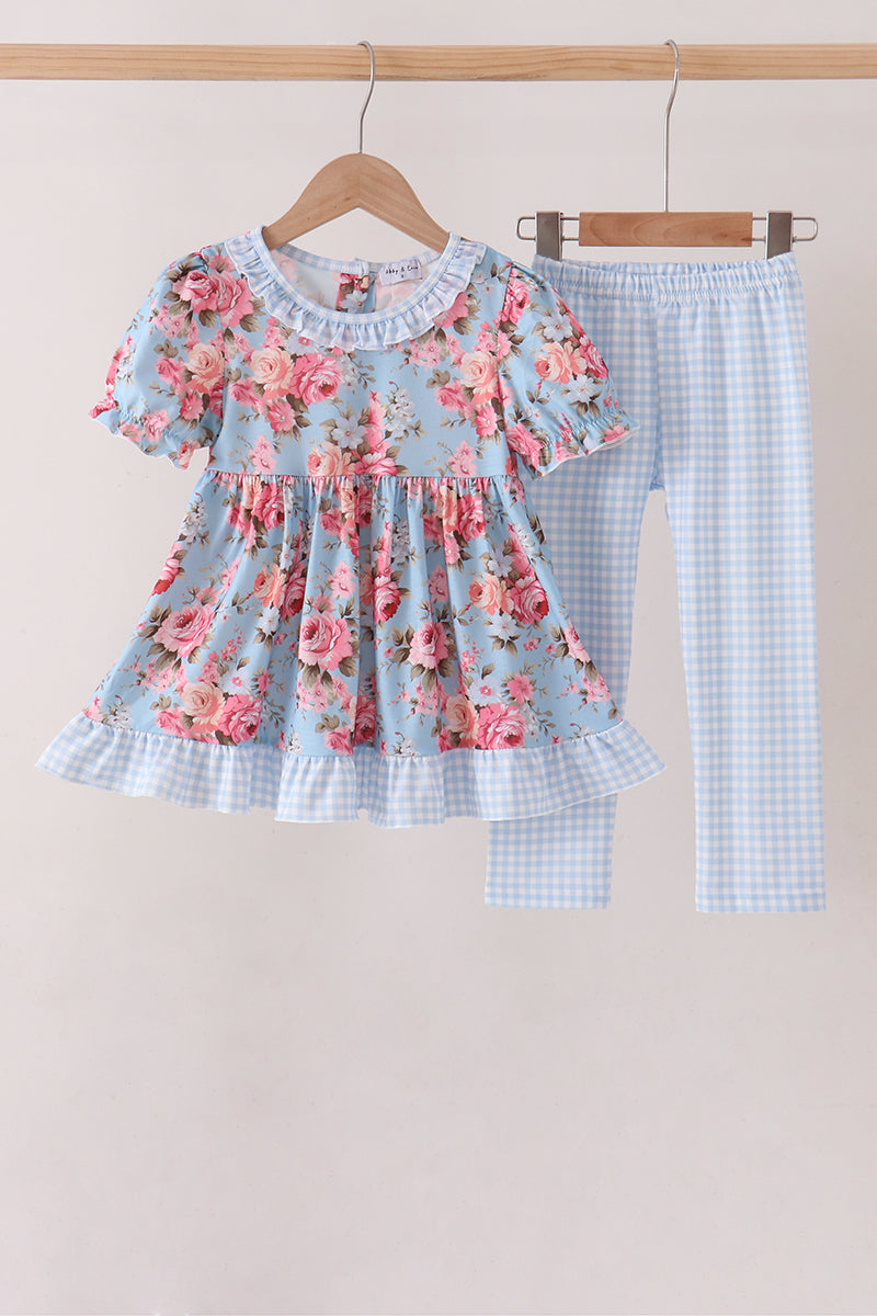 Blue rose floral ruffle pants