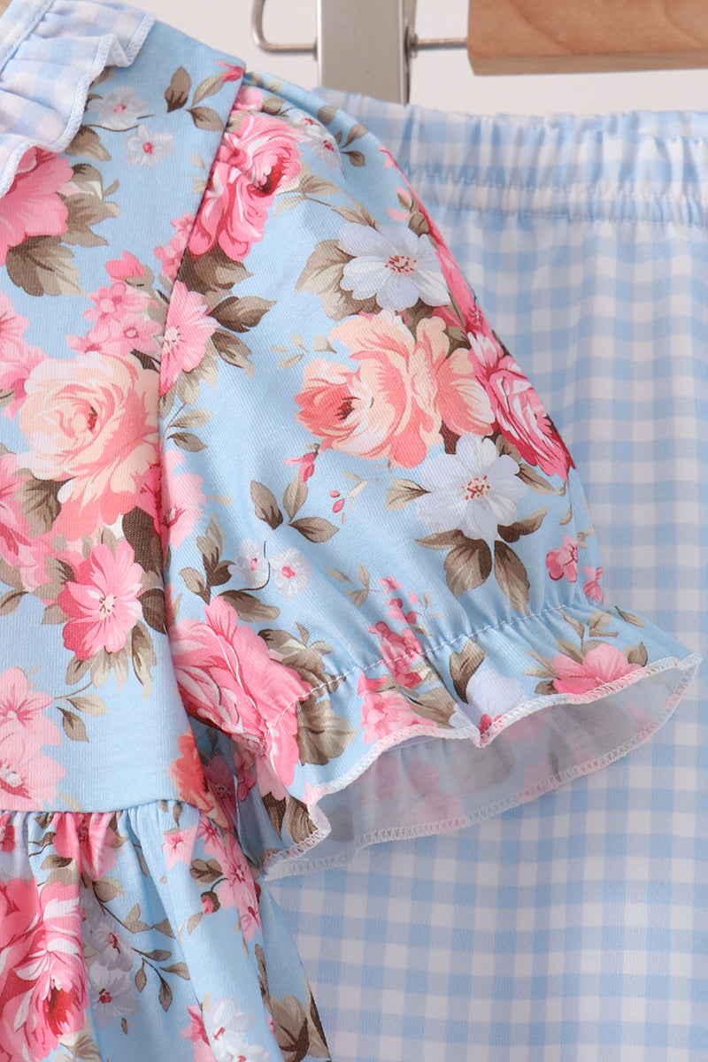 Blue rose floral ruffle pants