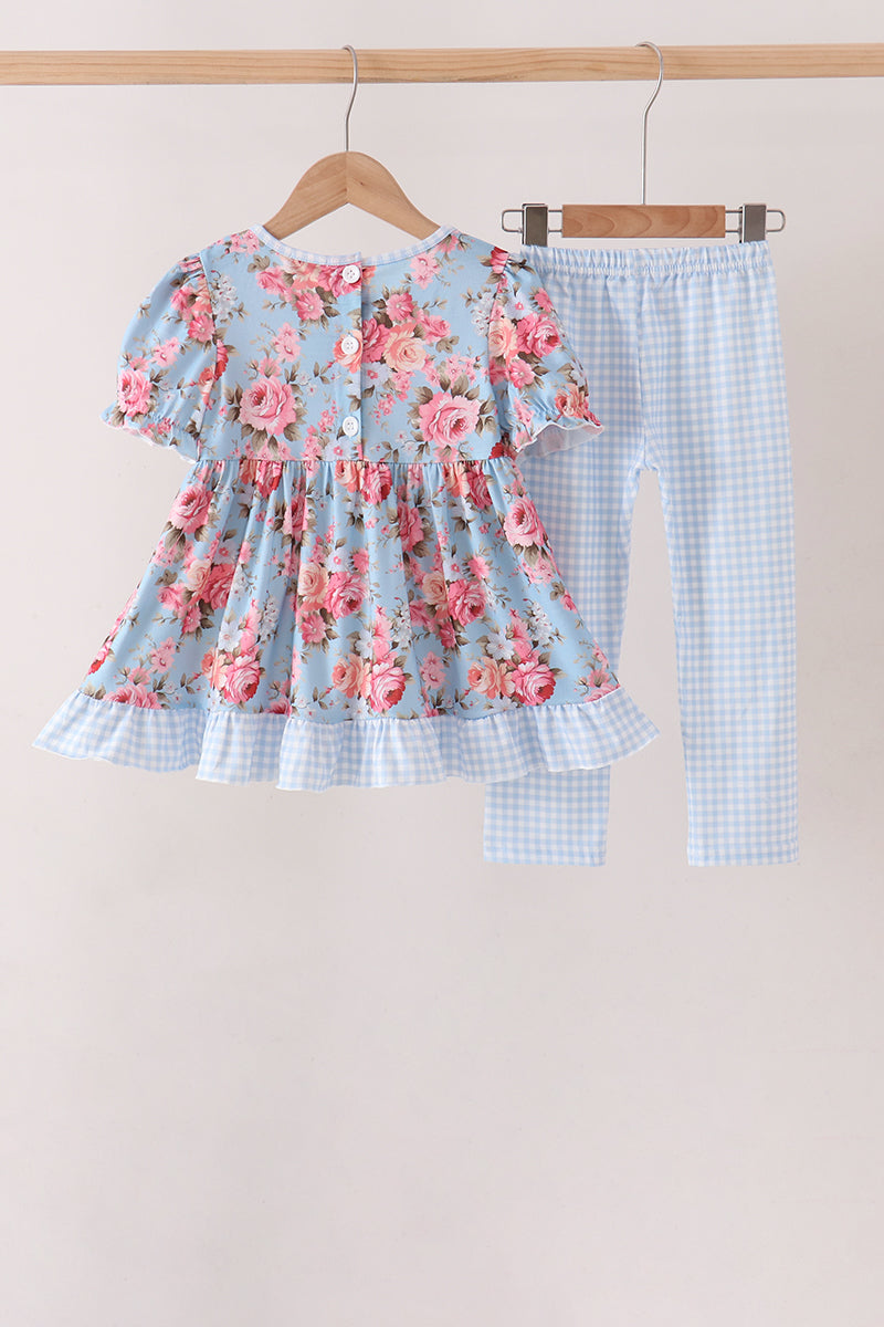 Blue rose floral ruffle pants
