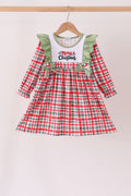 Green merry christmas embroidery plaid ruffle dress