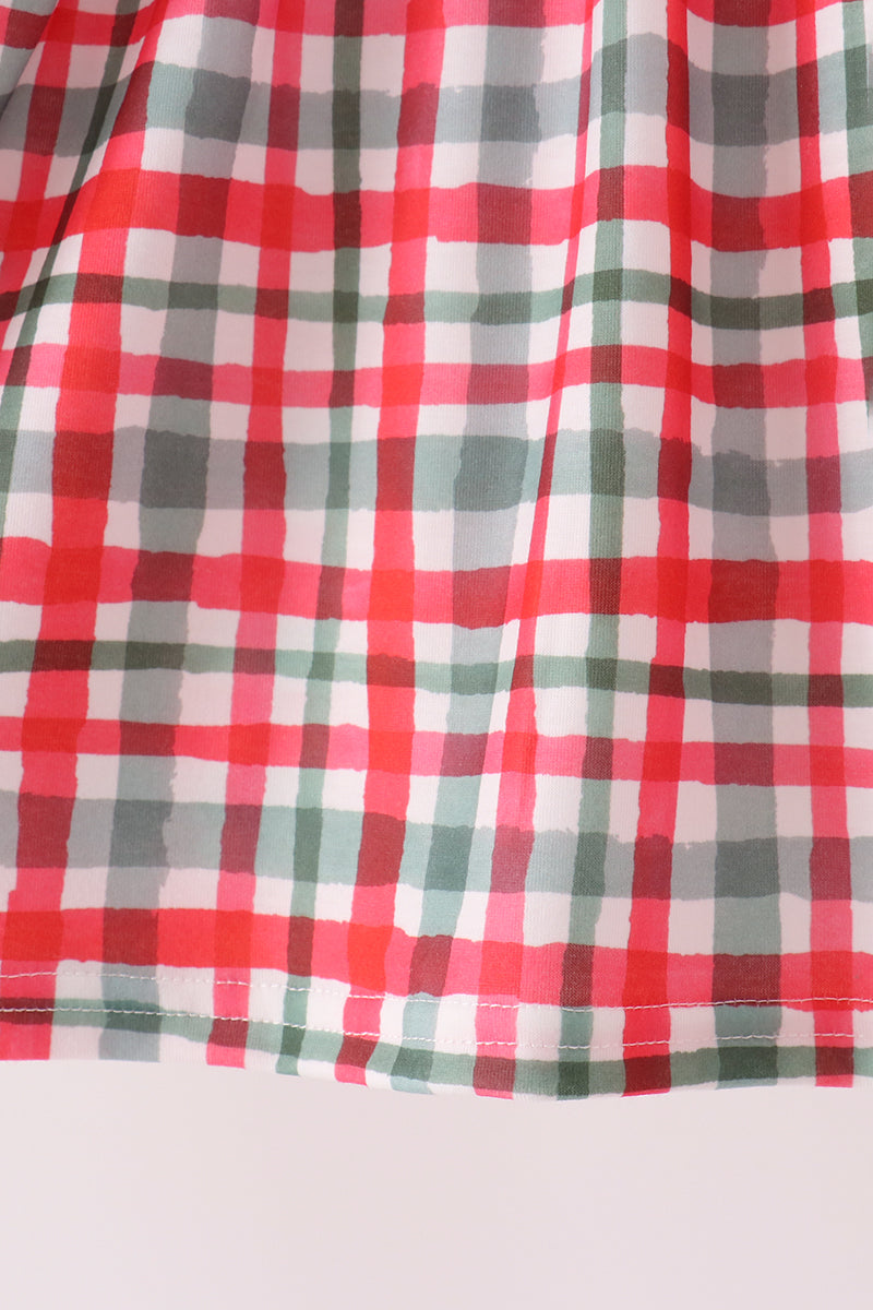 Green merry christmas embroidery plaid ruffle dress