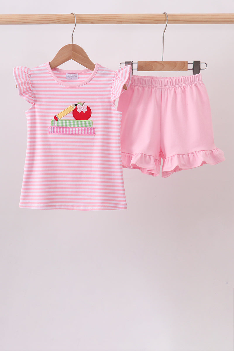 Pink Apple Pencil Embroidery Short Set