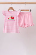 Pink Apple Pencil Embroidery Short Set