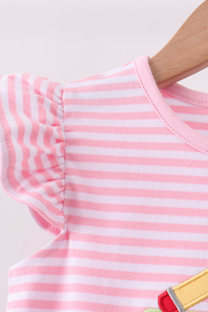 Pink Apple Pencil Embroidery Short Set