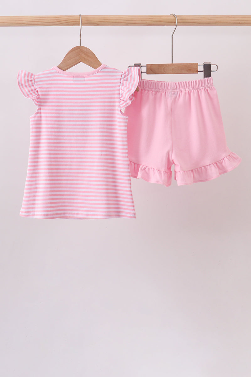 Pink Apple Pencil Embroidery Short Set