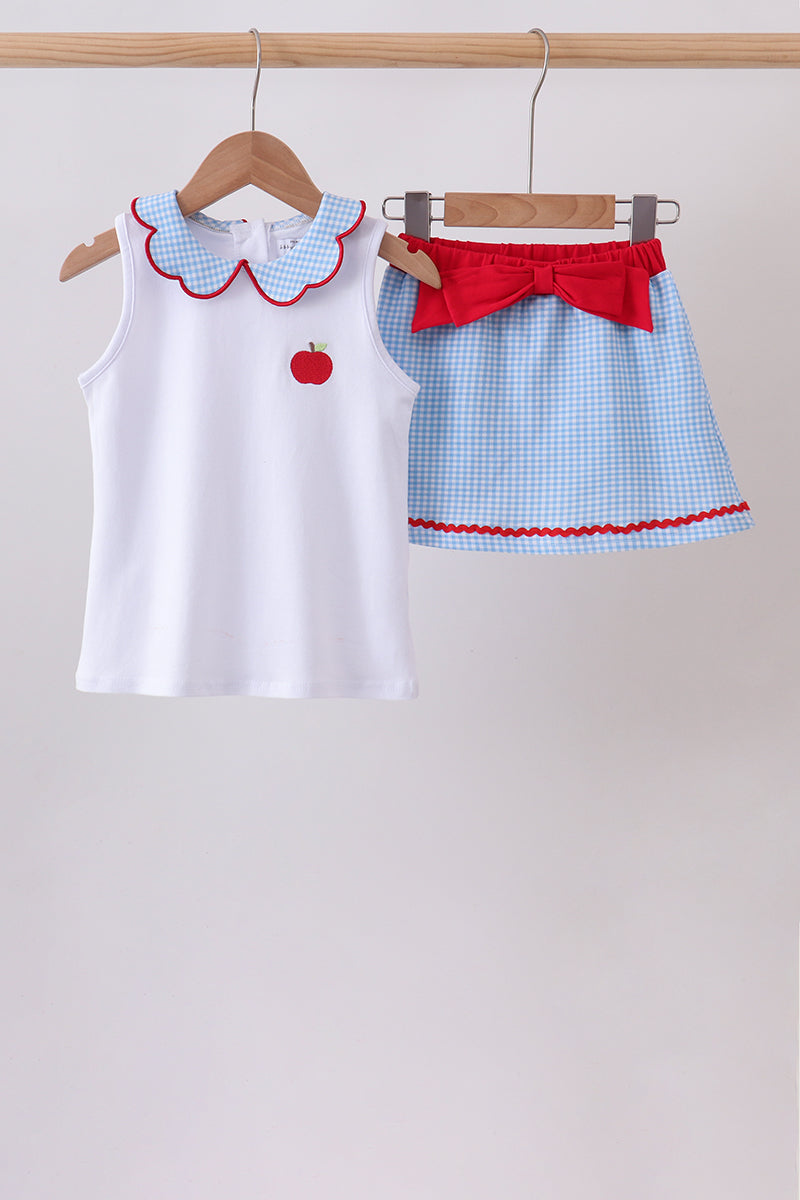 Blue Scalloped Apple Bow Skorts Set