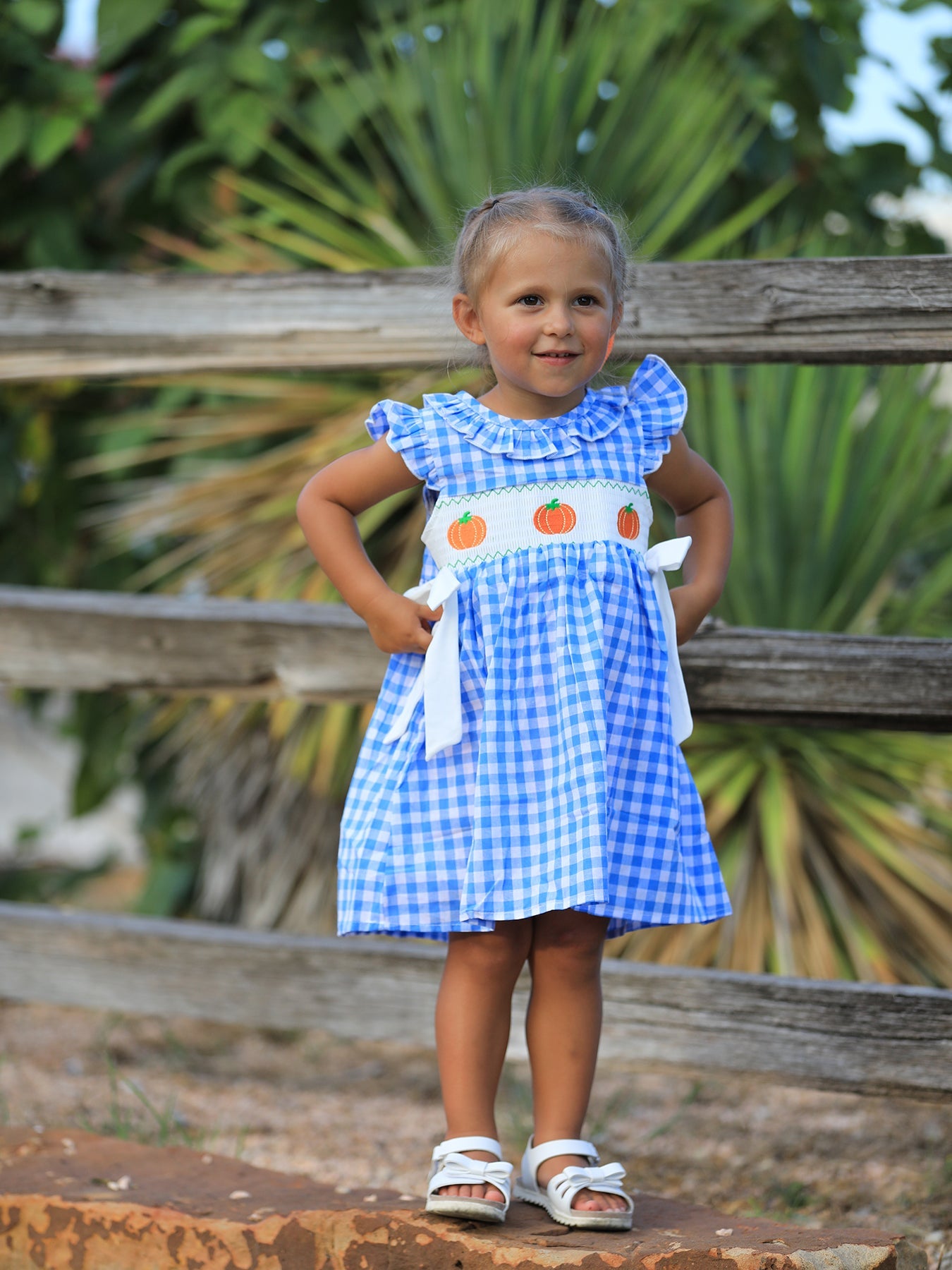 Fall Thanksgiving& Halloween Blue Pumpkin Smock Embroidery Baby Girl Dress