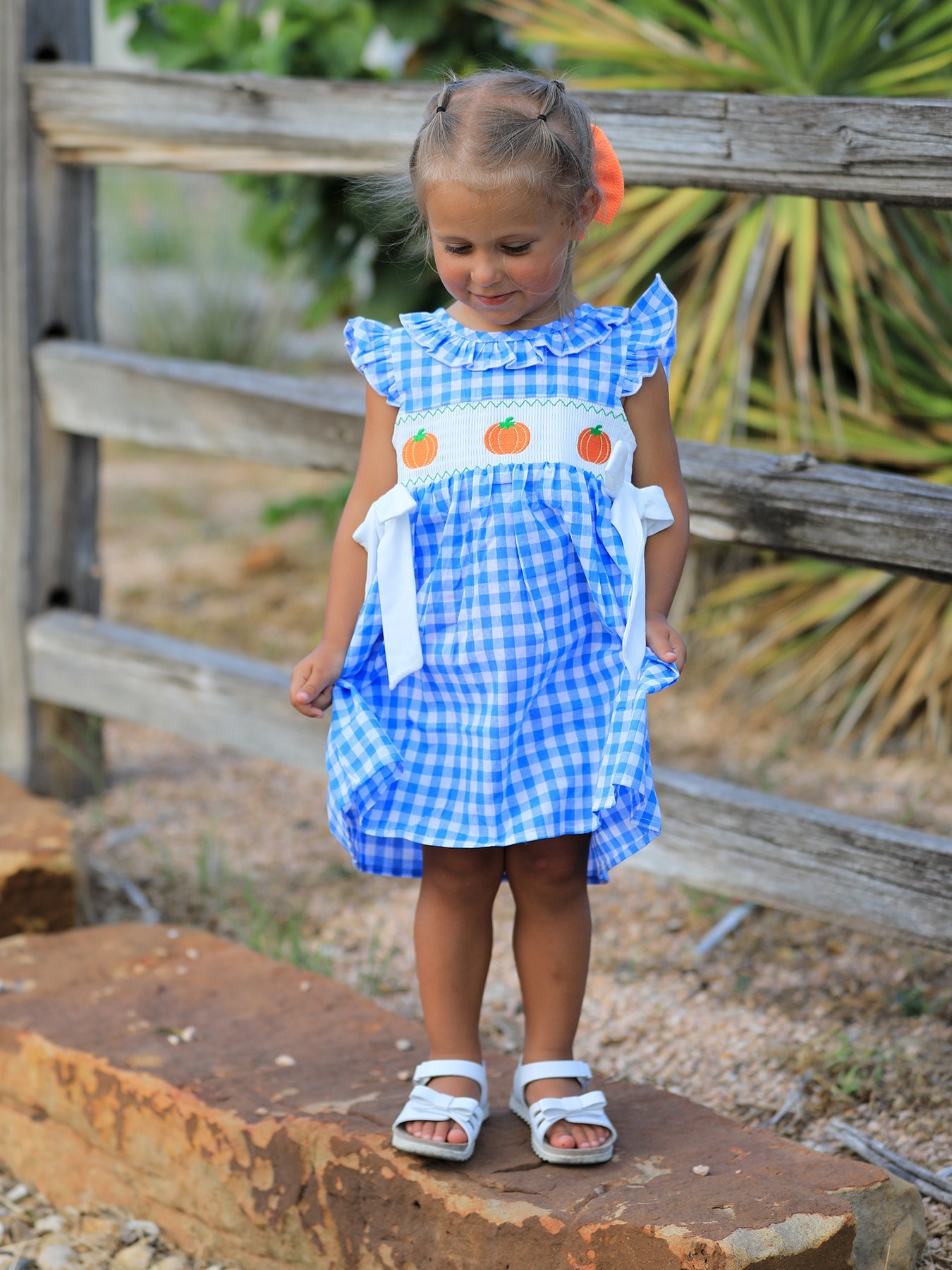 Fall Thanksgiving& Halloween Blue Pumpkin Smock Embroidery Baby Girl Dress