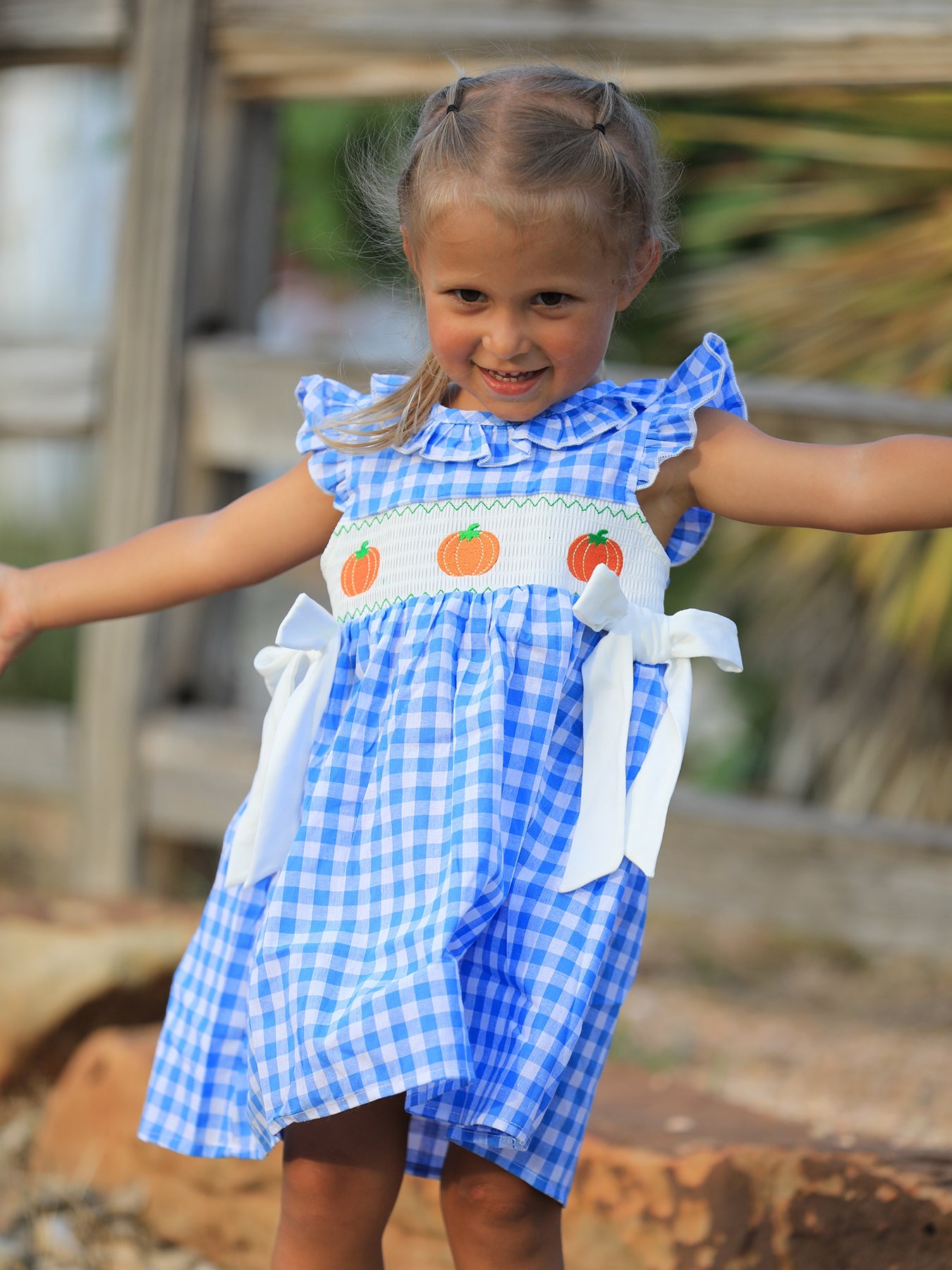 Fall Thanksgiving& Halloween Blue Pumpkin Smock Embroidery Baby Girl Dress