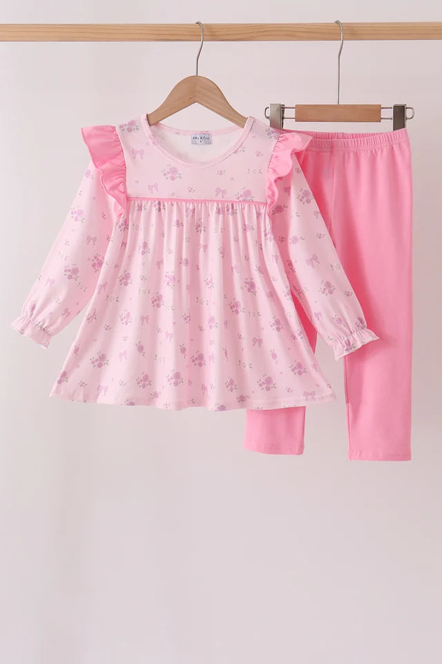 Pink floral bow ruffle pants set