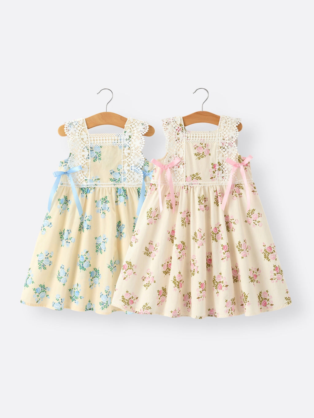Lace-trimmed Bow Girls' Dress-Pink/Blue