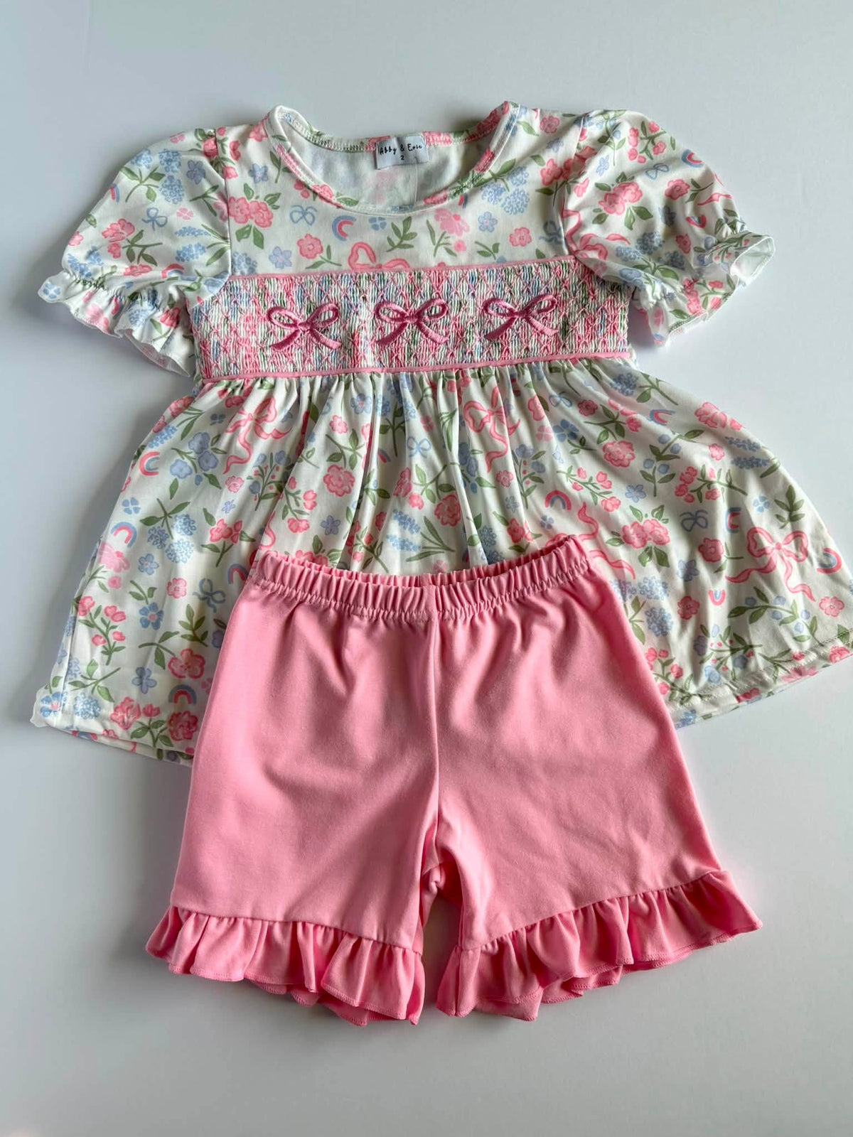 Pink Bow Smocked Ruffle Short Set